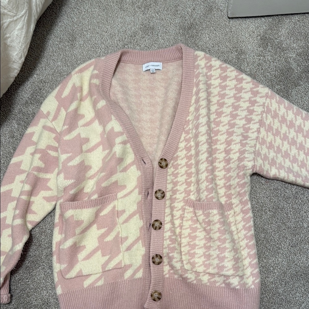 Pink and Cream Houndstooth Cardigan Sweater
